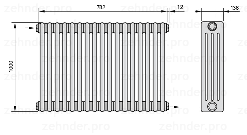 Схема (чертеж) Радиатор Zehnder Charleston 4100/17 №1670 Белый глянцевый RAL 9016